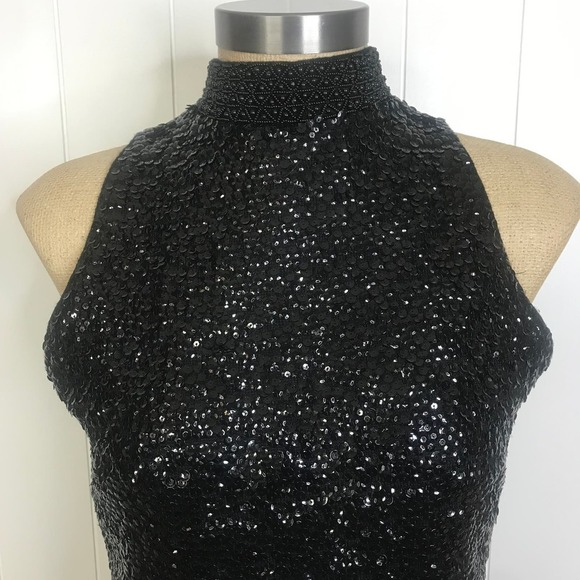 Black Sequin Beaded Tank High Neck Top with Full Zipper Closure - Picture 2 of 10